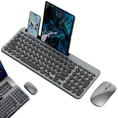 Produktbild von Kabelloses 3-in-1 Tastatur-Maus-Set mit Ständer – Ergonomisch, Wiederaufladbar, Leise – Rot & Grau