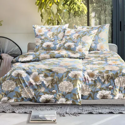 Produktbild von Irisette Mako Satin Bettwäsche Wave 8777-20 Blumen blau weiß 135x200