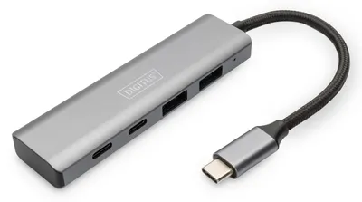 Produktbild von Digitus USB-C Hub, 4-Port , 2x USB A + 2x USB-C, USB 3.2 Gen 1 (3.1 Gen 1) Type-C, USB 3.2 Gen 1 (3.1 Gen 1) Type-A, USB 3.2 Gen 1 (3.1 Gen 1) Type-C, 10000 Mbit/s, Grau, Aluminium, Rundkabel
