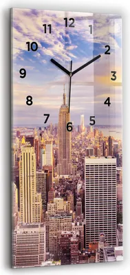 Produktbild von Wallfluent Wanduhr – Stilles Quarzuhrwerk - Uhr Dekoration Wohnzimmer Schlafzimmer Küche - Zifferblatt - schwarze Zeiger - 30x60 cm - Sonnenuntergang New York