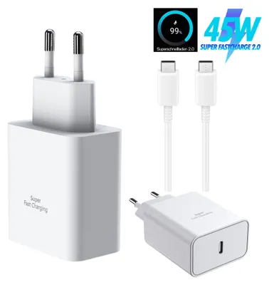 A collection of white USB-C chargers and cables, with marketing text and graphics.