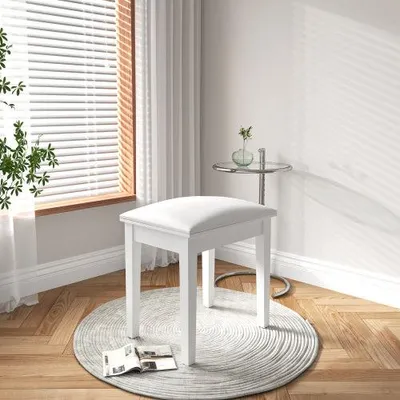 Produktbild von Schminkhocker Gepolstert, Polsterhocker Kunstleder, Schminkstuhl ohne Lehne, Fußhocker mit Massivholzbeinen