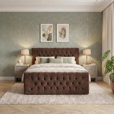 Produktbild von ELVORA DESIGNE Boxspringbett 160x200 cm ROYALCHESTER mit Bonellmatratze H3 & Topper, 2 Bettkästen, Braun, KI-generiertes Bild