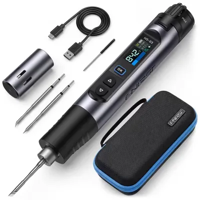 Produktbild von FNIRSI HS-03 Akku-Lötkolben 10W, 100-450°C, USB-C, 2600mAh, 0,96 Zoll IPS-Display, F210 Lötspitzen, Schwarz