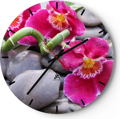 Produktbild von Wanduhr - Rund - Glasuhr - Asiatisch bambus orchidee steine - 40x40cm - Schleichendes Uhrwerk - Lautlos - zum Aufhängen bereit - Dekoration Modern - Wanddekoration aus Glas - C3AR40x40-0465