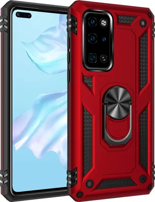 Produktbild von Huawei P40 Hülle, Dual Layer Militäre Fallschutz Schutzhülle mit Ringhalterung Ständer für Huawei P40 Rot
