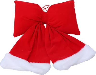 Produktbild von Weihnachtsschleife aus Samt, große, mit Plüsch gefüllte Schleife zum Aufhängen am Weihnachtsbaum mit flauschigem weißem Fellbesatz für die Dekoration von Weihnachtsbaum, Kamin und Party