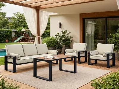 Produktbild von MKS MEBLE Gartenmöbel Set mit einem Tisch, Sofa und zwei Sesseln auf Metallbeinen, Gartenmöbel Set 5 Personen, Outdoor Möbel Set - ELBA 1 - beige