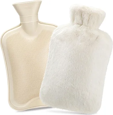 Productafbeelding van Grote warmwaterzak, 2 liter, premium kwaliteit, gemaakt van natuurlijk rubber met een zachte, pluizige buitenlaag van kunstbont, voor pijnverlichting. Ideaal als cadeau - wit