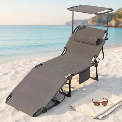 Productafbeelding van NAIZY 2 stuks relaxstoel voor strand en tuin, met 360° zonnedak, zijvak en neksteun, met gewicht voor eenvoudig transport, kleur: zwart
