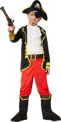 A young boy dressed as a pirate, holding a toy pistol.