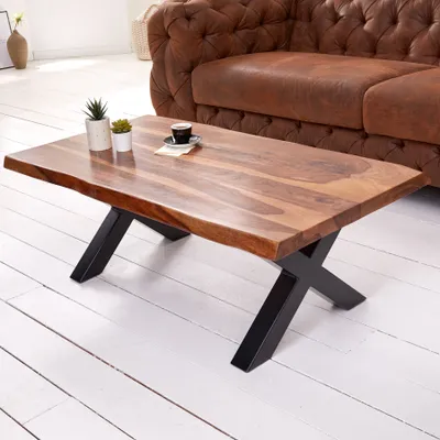 Produktbild von Massiver Baumkanten-Couchtisch AMAZONAS 110cm braun Sheesham mit X-Gestell Sofatisch Wohnzimmertisch