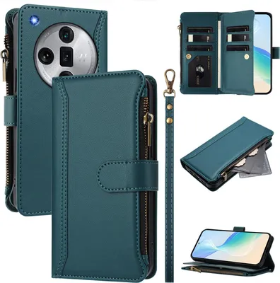 Obrázek produktu pro Pouzdro pro Oppo Find X7 Ultra, zipem, peněženkovéPolyuretankožené flip pouzdro s kapsami na karty, stojánkem a poutkem na ruku zelený