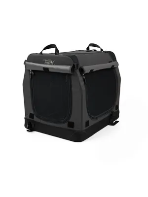 A gray and black foldable dog crate is shown against a white background.
