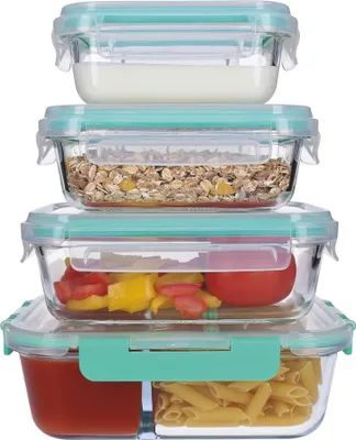 Produktbild von 8-dielna súprava sklenených nádob na potraviny, zacvakávacie viečko, plechovka na chlieb do mrazničky, box na obed