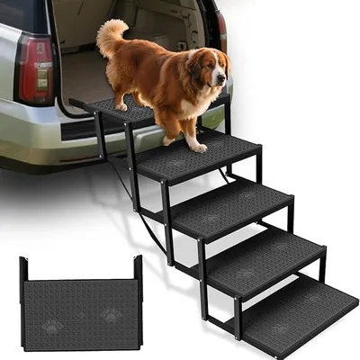 Produktbild von Hundetreppe Auto Klappbarfür kleine Hunde, Hunderampe Auto mit erhöhter Tragfähigkeit, Hunderampe Auto klappbar für große Hunde, Hundeleiter faltbar bis 80kg