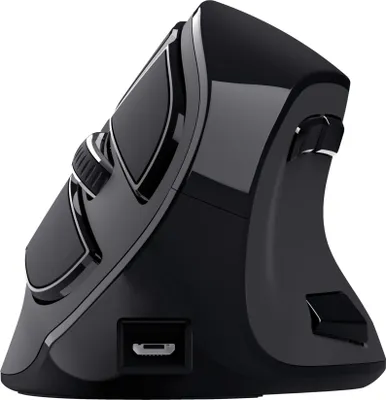 Produktbild von Trust Voxx Vertikale Kabellose Maus, Wiederaufladbare Ergonomische Funkmaus, Bluetooth und 2.4 GHz Verbindung, 9 Tasten, 1200-2400 DPI, PC/Mac/Computer/Laptop/MacBook/Chromebook - Schwarz
