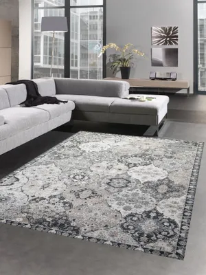 Immagine prodotto di Tappeto da esterno, tappeto orientale, tappeto da salotto, motivi decorativi in grigio e blu, dimensioni: 200 x 290 cm