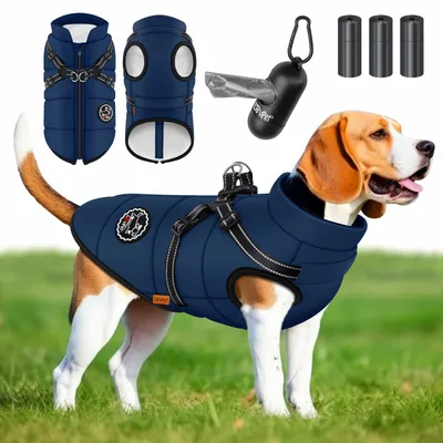Produktbild von LOVPET® Hundejacke Hundemantel mit Geschirr, inkl. 45 Stück Kotbeutel + Spender, Hunde Winterweste gefüttert wasserdicht, Gepolsterte Weste Mit Brustgurt, Reflektoren , Navyblau, 5XL
