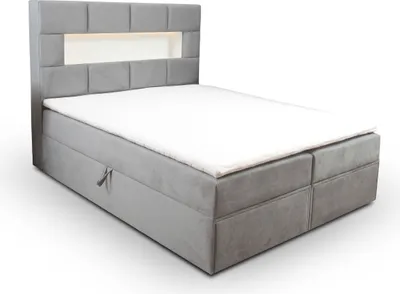 A modern gray boxspring bed with a white mattress and a lit headboard, shown against a white background.