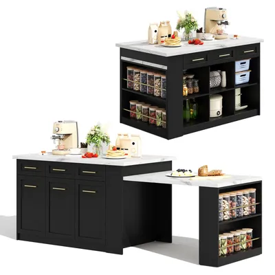 Immagine prodotto di Isola multifunzionale per la cucina, dimensioni 150+96 cm, tavolo da pranzo estendibile nero, piano di lavoro in legno e marmo, contenitori integrati.