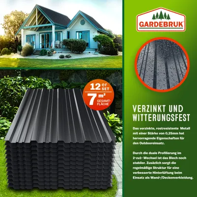 Produktbild von DEUBA® 12x Trapezblech 129x46cm = 7m² verzinkt Profilblech Dachblech Wellblech Dachplatten Gerätehaus Carport anthrazit