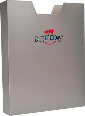 A gray folder or box with a logo on it.