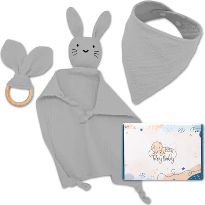 Produktbild von Neugeborenen Musselin Baby Geschenk Schnuffeltuch für Junge & Mädchen babygeschenke zur geburt newborn set fürbabyparty Lätzchen Beißring und Schmusetuch Geschenkset Grau