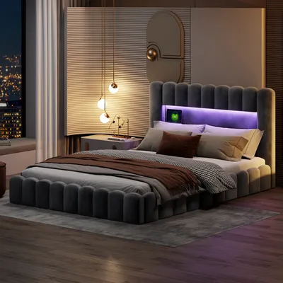Produktbild von CDGlobal Polsterbett 180x200cm, Boxspringbett mit hydraulisches Bettkasten, Bett mit Lattenrost, Leselicht mit USB/LED Ladefunktion Kopfteil, Stauraumbett Doppelbett Jugendbett (Grau, 180x200cm)