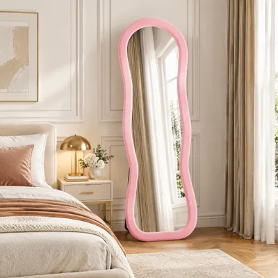 Immagine prodotto di Specchio a figura intera INONEFT, 160x50 cm, specchio da terra a forma ondulata, da appendere o appoggiare al muro, ideale per camere da letto e soggiorni, colore rosa