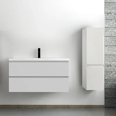 Image de Ensemble Meuble Salle de Bain Suspendu 3 Pièces avec Lavabo, Meuble à 2 Tiroirs 99cm + Colonne Étroite 110cm, MDF Blanc à Monter