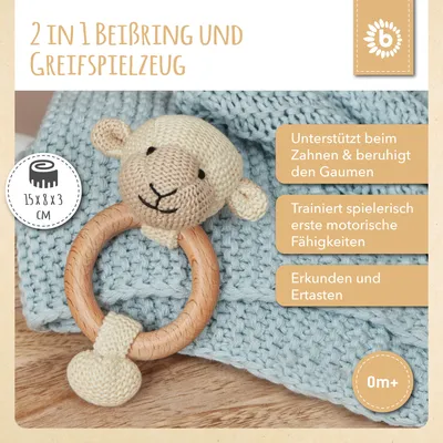 Produktbild von Bieco Greifling Baby Rassel | Ø 8cm, Länge 14cm | Niedliche Schaf Häkel Rassel mit Holz Ring | Baby Greifling Rassel für Junge & Mädchen | Schaf Greifling Gehäkelt mit Rassel | Greifringe Baby