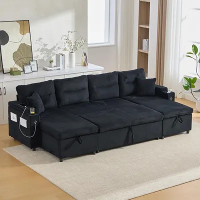 Produktbild von MODFU U-förmiges Sofa,Schlafsofa mit beidseitigen Chaiselongues,4-Personen-Samtsofa mit USB-Anschlüssen und ausziehbarer Schlaffunktion,Wohnzimmersofa mit Getränkehaltern,Schwarz