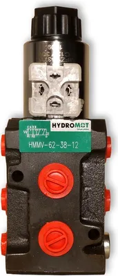 A close-up studio shot of a hydraulic valve on a white background.