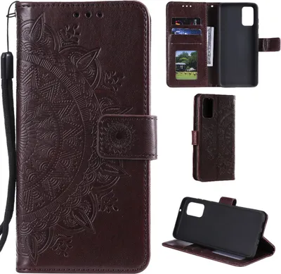 A collage of images showing a brown leather flip case for a Huawei P40 Pro phone, with a mandala embossed design.