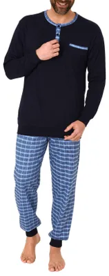 Produktbild von Herren Pyjama Schlafanzug mit Bündchen und karierter Jersey Hose - auch in Übergrössen ; marine , 52