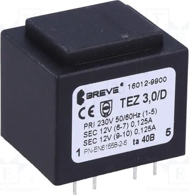 Produktbild von 1x Transformator: überzogen 125mA 3VA 230VAC 12V 125mA 12V IP00 TEZ3.0/D230/12-12