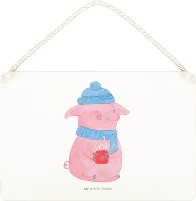 Produktbild von Mr. & Mrs. Panda Schild Schwein Glühwein DIN A4 - Weiß - Geschenk, Wandbild Holz, holzbild, kleine aufmerksamkeit, Punsch, Deko, Weihnachten, Türschild, Weihnachtsmarkt