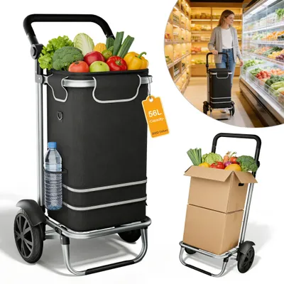 Image de Chariot de courses pliable LZQ 56 L, chariot de transport 3 en 1, diable et sac à bandoulière, noir