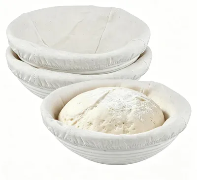 3er-Set Brotgärkörbe aus Rattan, rund, 23 cm, mit Leineneinlagen