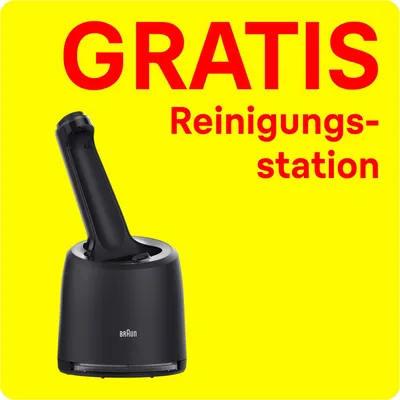 A black Braun cleaning station with a handle inserted, set against a bright yellow background with red text.