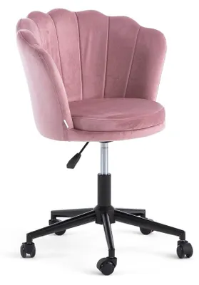 Produktbild von 360° drehbarer Stuhl aus Samt mit Muschel-Rückenlehne, höhenverstellbar, Metallgestell und Rollen für Büro, Arbeitszimmer, Schlafzimmer – Polly/Rosa