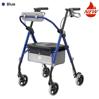 Obrázek produktu pro Skládací chodítko pro seniory – chodítko s opěrkou – nosnost až 158 kg – ergonomické sedadlo a bederní opěrka – výškově nastavitelné područky – dvojitá brzda – modrá barva