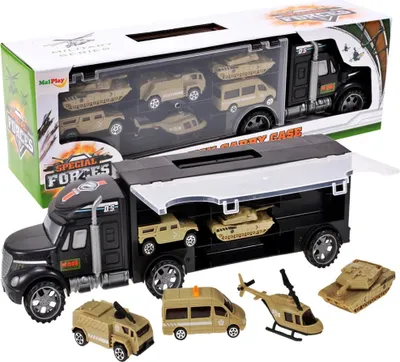 Produktbild von MalPlay militär Transporter Spielzeug | Transport-LKW Autotransporter mit Mini Autos , Panzer und Hubschrauber | Länge 40 cm | ab 3 Jahren