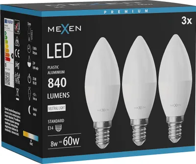 Zdjęcie produktu dla Mexen Nova 3x żarówka LED E14, C37, 8W, Neutralna - 4000K, 840 lm - L102-E14-0840-01x03