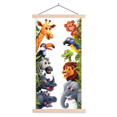 Produktbild von MuchoWow® Textilposter Dschungel - Tiere - Jungen - Mädchen - Giraffe - Elefant - Kinder 40x80 cm mit holzfarbenen Rahmen - Wohnzimmer
