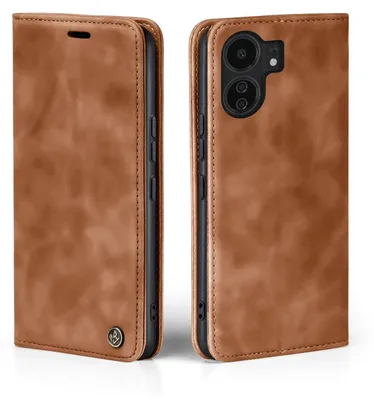 A brown flip case for a smartphone, shown from two angles.