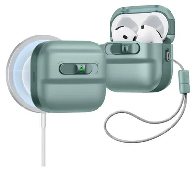 Two views of a green AirPods Pro case, one showing it charging wirelessly and the other open with AirPods inside.