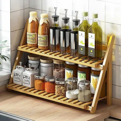 Image de Étagère de rangement multifonctionnelle pour la cuisine, en bambou, avec 2 niveaux