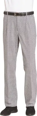 A person wearing chef pants and a belt.